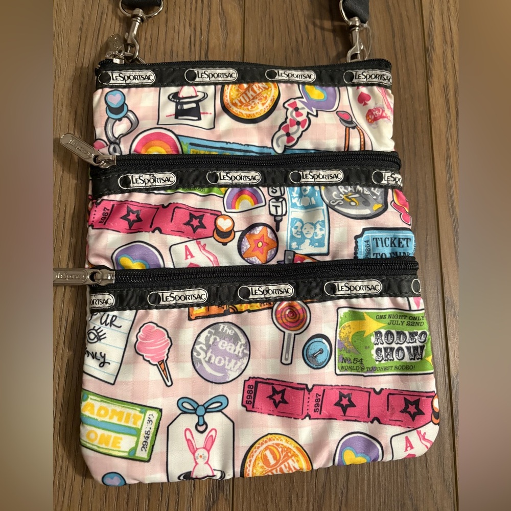 LeSportsac 3-Zip Crossbody Bag/ Purse Pony Ride Freak Show Carnival print pink